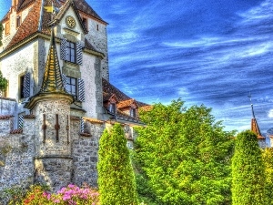 Flowers, viewes, Castle, trees