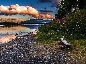 Flowers, Mountains, lake, clouds, Boats