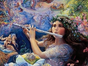 Flowers, shell, girl, flute