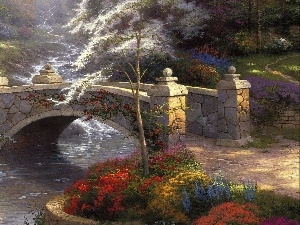 Flowers, bridges, Park, green, brook