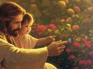 Flowers, butterfly, Jesus, Kid