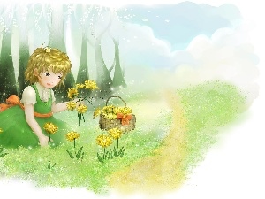 Meadow, Flowers, girl