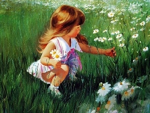 Meadow, Flowers, girl