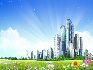 Meadow, Flowers, skyscrapers