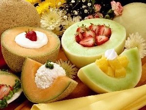 Flowers, Cottage cheese, melons, strawberries