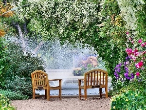 Flowers, green, Park, bench