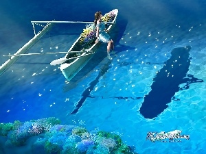 Flowers, Boat, graphics, shadow, Kagaya