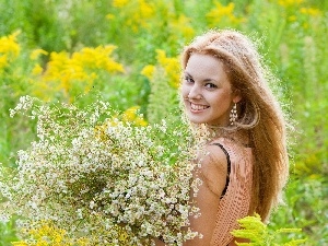 Flowers, Meadow, smiling, Blonde