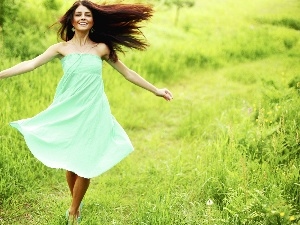 Spring, Flowers, Meadow, happy, grass, girl, Path