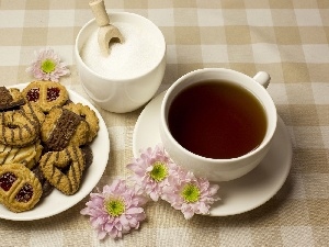 Flowers, sugar-bowl, tea, cookies