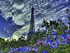 Flowers, clouds, tower, Eiffla