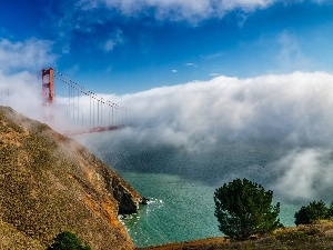 Fog, bridge, Rocky, clouds, Coast