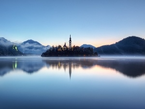 Fog, Castle, lake, Slovenia, Mountains, Bled