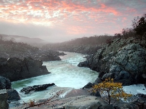 Fog, clouds, River, rocks