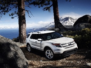 White Ford 2011 Explorer, Stones, Mountains, lake