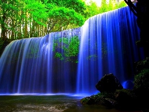 forest, Stones, blue, waterfall