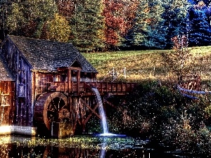 forest, River, Old car, Windmill