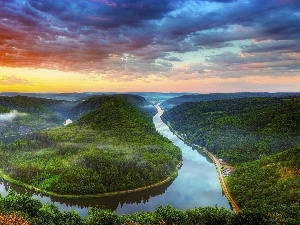 clouds, forest, River