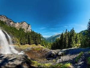 forest, rocks, waterfall, Great Rainbows