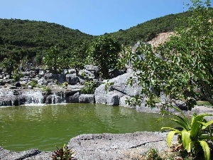 forested, rocks, waterfall, Mountains, lake