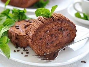 fork, leaves, cake, plate