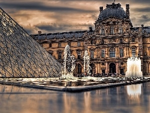 clouds, fountain, pond, Paris, dark, fragment, Louvre