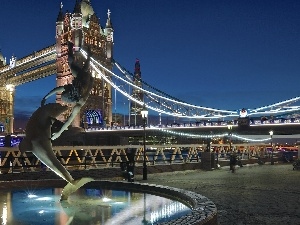 fountain, Tower Bridge, England, dolphin, bridge