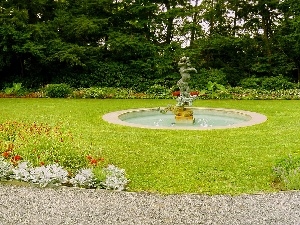 fountain, green, Garden, Flowers