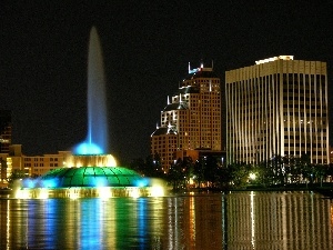 night, Orlando, skyscrapers, fountain, clouds