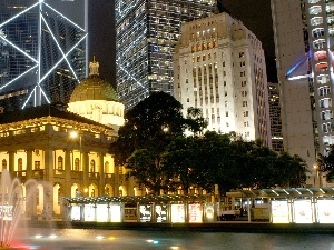 Town, fountain, illuminated