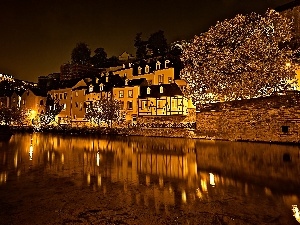 night, fragment, Luxembourg, Houses, town, River, Petrusse