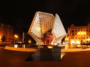 Pozna?, Night, fountain, Poland, freedom