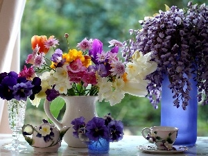 freesia, pansy, Bouquets, wistaria, flowers