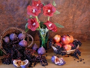 Fruits, bowl, figs, Flowers, composition, Hollyhocks