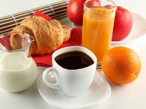milk, breakfast, Fruits, cup, Juices, coffee