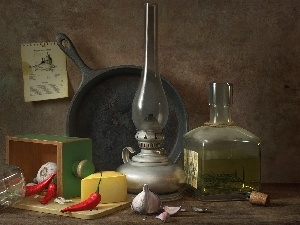 cheese, garlic, frying pan, Lamp, pepper, oil, Bottle