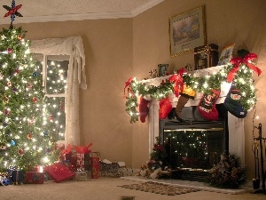 socks, gifts, christmas tree, Lights, burner chimney