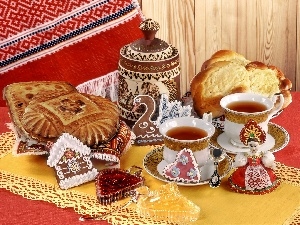 ginger, danishes, Cookies, cups, jam, tea