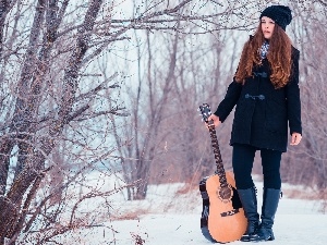 girl, snow, winter, Guitar, forest