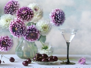 glass, cherries, beatyfull, dahlias