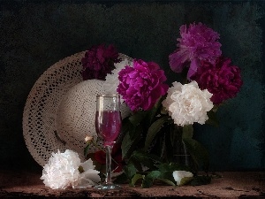 Hat, glass, Peonies