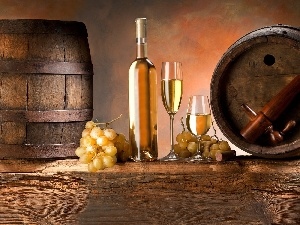 glasses, Bottles, drums, Grapes, Wine