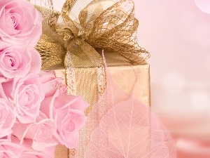 Golden automobile, Present, Pink, ribbon, roses