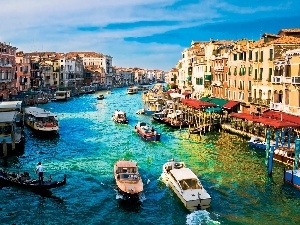 Gondolas, boats, Venice, apartment house
