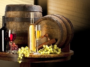 Grapes, Wine, barrels, Bottles