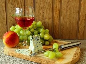 Grapes, peach, Wine, cheese