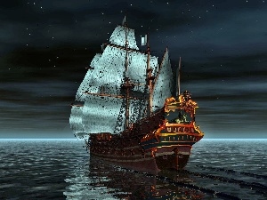 graphics, Night, sailing vessel, sea