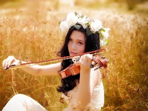 grass, Meadow, girl, violin