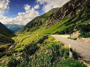 grass, clouds, Mountains, Way