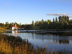 grass, forest, River, House